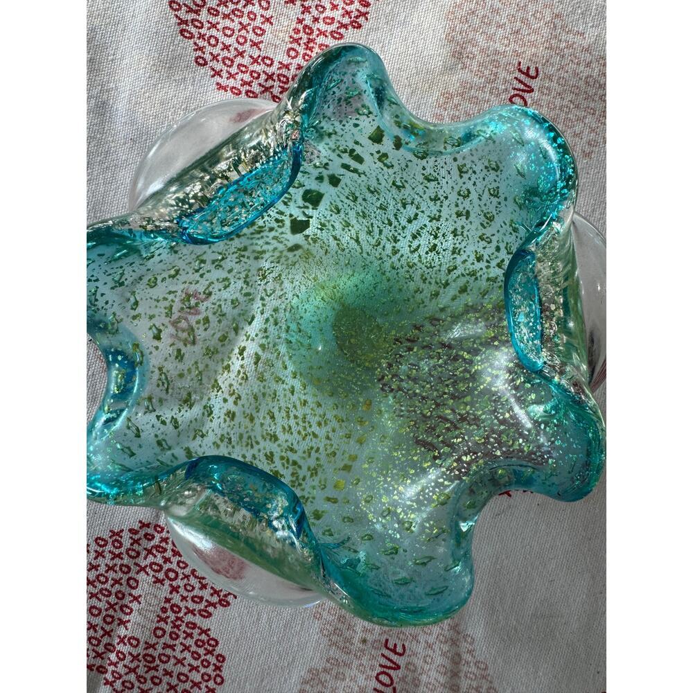 Vtg Murano Bollinato Blue Metallic Gold Fleck Scalloped Art Glass Bowl Ashtray - Picture 7 of 16